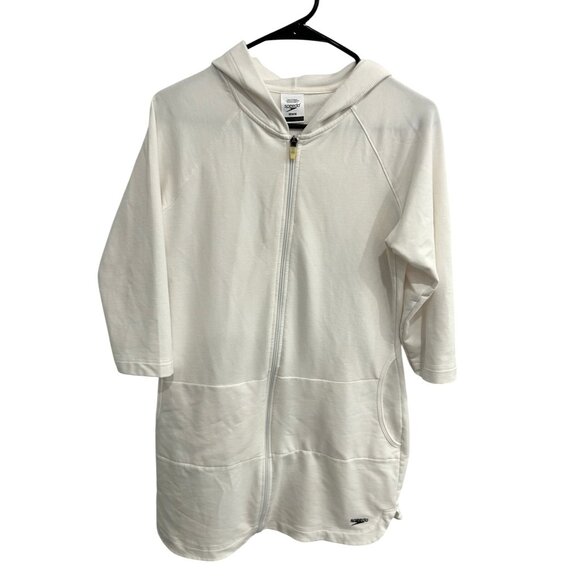 Speedo White Hooded Zip-Up Swim Cover-Up With Pockets Sz M - Picture 1 of 9